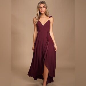 Lulu’s Here’s to Us Burgundy High-Low Wrap Dress - L Large